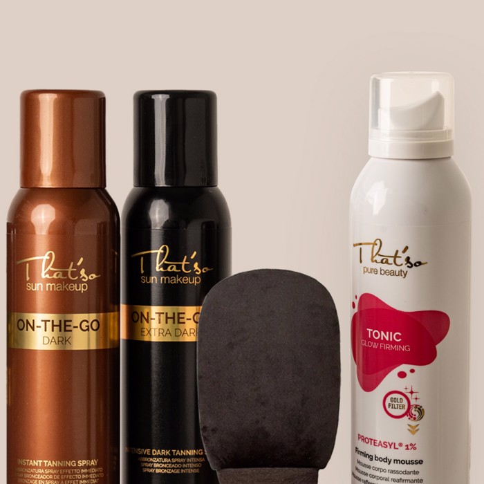 That'so On The Go Beauty Box (3 Proϊonta) Olokliromeni Empeiria Self Tan Peripoiisis kai Lampsis On The Go Dark-Self-Tan Spray ga Prosopo & Soma 125ml & That'so Tanning Mitt Double Use Gnti Diplis Opsis ga Self tan Peripoiisi kai Apali Apolepisi 1pc & Tonic Glow Firming Mousse 200ml